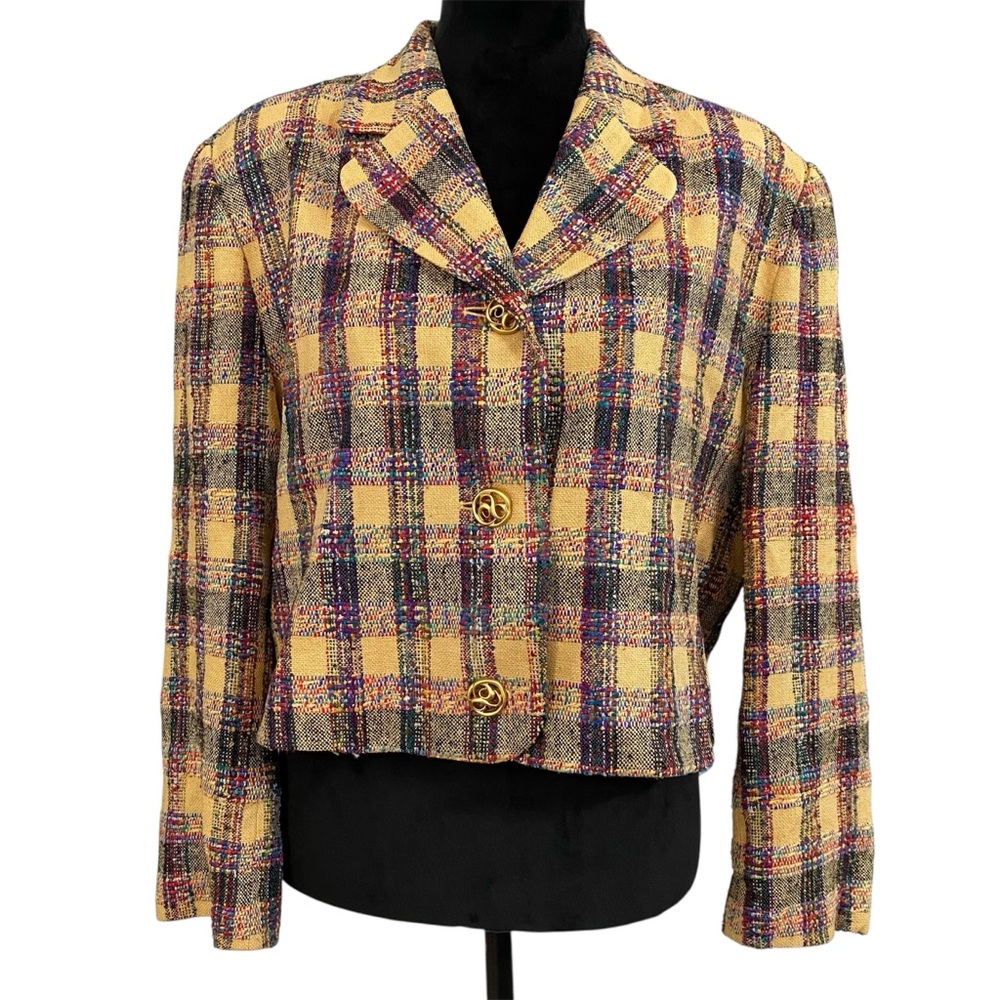 Vintage Doncaster Silk Tweed Plaid Cropped Blazer Jacket Multicolor Size 14